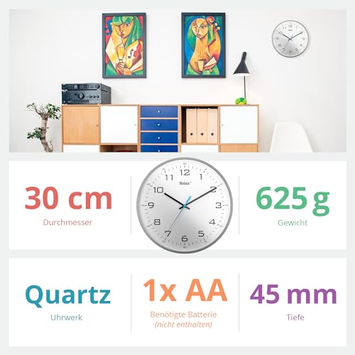 Mebus 16249 Analogue Quartz Wall Clock Classic Design Strong Large Numbers 30 cm Diameter Grey/White - Image 4