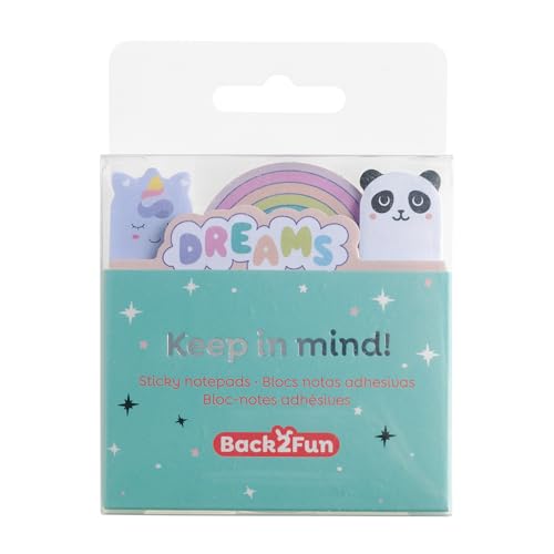 Back2Fun - Blocs de notas adhesivas kawaii Dreams, 4 blocs, 120 hojas, Sticky Notes con diseños arcoíris y animalitos, Papel 80 g/m², Ideales para decorar agendas, Cuadernos y libretas