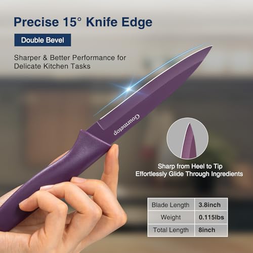 Schälmesser mit Schutzhülle, Schälmesserset mit 4 Stück, 9,6cm Schälmesserset aus hochwertigem Edelstahl, kleines Küchenmesserset für Obst und Gemüse, ergonomische Messergriffe für Vielseitigkeit