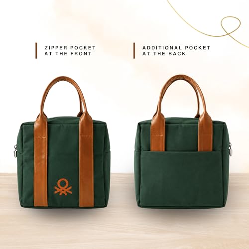 Image of United Colors of Benetton Lunch Bag for Women & Men, Insulated Bag, Tiffin Lunch Bag for Office /College /School, Bottle Holder, Lightweight, Durable Handles, Multiple Pockets (Dark Green)