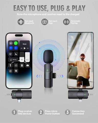 Image of GADGETSWEAR Wireless Lavalier Mic for iPhone, Android - Noise Cancelling Lapel 3-in-1 Mic, Dual USB-C Lightning Simple Plug and Play, 8H Battery, Clip-on for YouTube, TikTok, Singing
