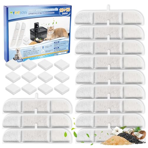 MyfatBOSS Trinkbrunnen für DownyPaws Katzenbrunnen,12 Pack Ersatzfilter Aktivkohle Medizinalstein Ionenaustauschharz für katze kabellos Filter und 12 schwämme Filter für 2.5L Trinkbrunnen (DPWFP6)