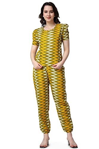 POPWINGS Casual Printed Top and Joggers Co-Ord Set for Women || Stylish Summer Co-Ords Set for Women || Round-Neck Top and Joggers Combo Set for Women Yellow-Green