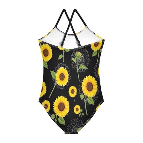 Kids Swim Suits Beach Apparel 3-10 Y with Adjustable Shoulder Strap, Sunflowers Green Leaves Black2