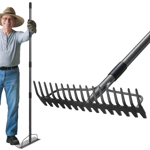 Adjustable Bow Rake Heavy Duty, Dual-Sided Steel Garden Rake Tool for Gathering Leaves, Pine Straw,