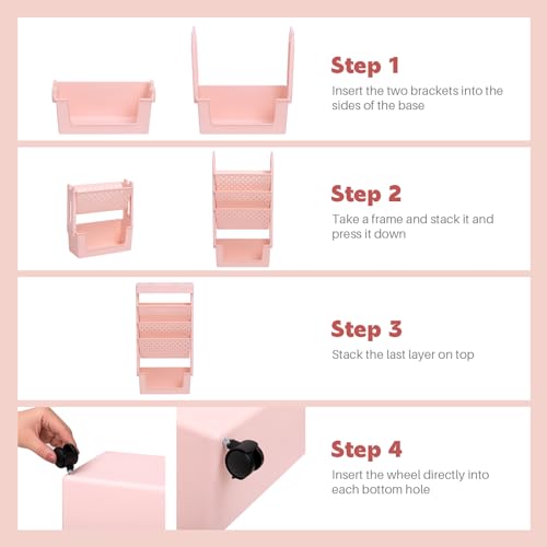 DOEWORKS Mobile Bookshelf with Wheels Small Rolling Book Storage Trolley Craft Trolley Art Trolleys 5-Tier Slim Bookcase Movable Bookshelf for Living Room Bedroom Office Library, Pink - Image 6