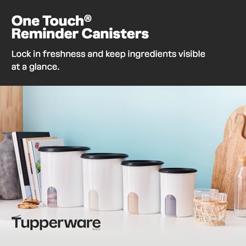Image of Tupperware One Touch Reminder Canisters 4 Canister Food Storage Set in White & Black, Dishwasher Safe and BPA Free, (4 Containers, 4 Lids)