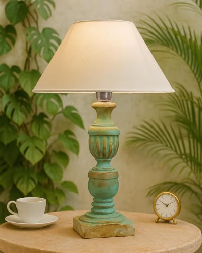 Image of Homesake Handcrafted Wooden Table Lamp for Living Room & Bedroom | Bedside Rustic Algae French Table Lamp with White Fabric Shade | Included Bulb | Decorative Wooden Night Lamp for Home Decor
