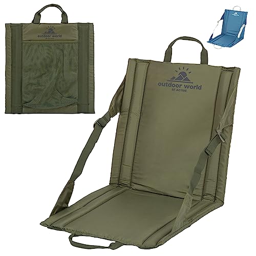 Outdoor World Portable Folding Seat Lightweight Padded Compact Chair with Backrest Waterproof Stadium Seat Cushion Camping Hiking Beach Weekender Picnic Sit Pad (Olive)