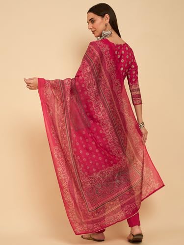 Image of SheWill Kurta Sets for Women - Red Rayon Aari Hand Work with Digital Floral Print Kurta with Pant and Chanderi Dupatta |Stylish Printed Summer Kurti Set