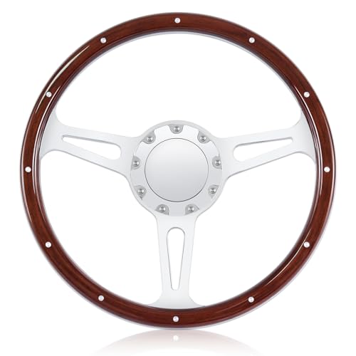 QYMOPAY 9 Bolt Steering Wheel, 14 Inch Wooden Steering Wheel, Suitable For Most Nine Hole Car Wooden Disc Shaped Steering Wheels