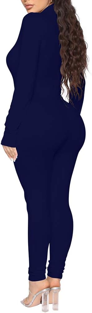 LAGSHIAN Women's Sexy Casual Long Sleeve V Neck Zipper One Piece Bodycon Jumpsuit - Image 3