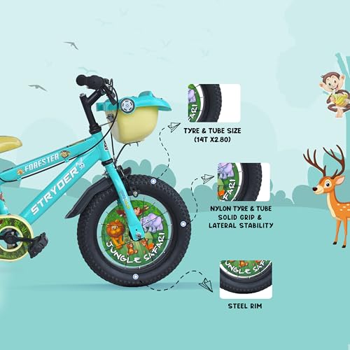 Image of Stryder Forester IC Eva 14-Inch BMX Cycle for Kids (Unisex) | Rigid Mild Steel Frame | Nylon Tyres | Adjustable Seat | Training Wheels & Backrest Support (Turquoise)