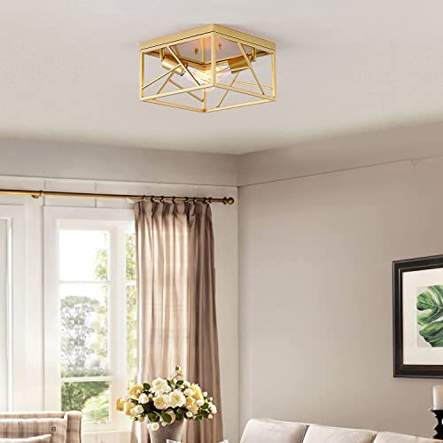 Fivess Lighting 2-Light Modern Gold Flush Mount Light Fixture Metal Square Semi Flush Mount Ceiling Light For Hallway Bedroom Kitchen Entryway Farmhouse Dining Room #TOP2