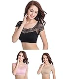 DRESHOW Lace Bralette Tank Tops Lace Cap Padded Stretch Yoga Sports Bra for Women(3 Pack; Black/Beige/Pink)