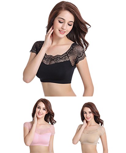 DRESHOW Lace Bralette Tank Tops Lace Cap Padded Stretch Yoga Sports Bra for Women(3 Pack; Black/Beige/Pink)