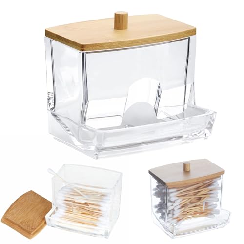 WQNNQW Wattestäbchen Behälter Wattestäbchenbox Aus Acryl Wattestäbchen Spender WattestäbchenAufbewahrungsbox Mit Bambusdeckel Transparente Aufbewahrungsbox Geeignet Für Badezimmer Schlafzimmer Usw