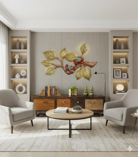 Image of Bharat Art Metal Tree Wall Art with LED Light for Living Room | Handcrafted Iron Tree Wall Hanging Home Decoration for Bedroom, Hall, Office & Entrance | 2 Bird Tree | 48 x 02 x 36 inch | W039