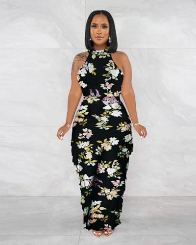 Image of 2 Piece Outfits for Women Sexy Halter Neck Sleeveless Crop Tops Ruched Bodycon Dresses Jumpsuits Fringe Skirt Sets