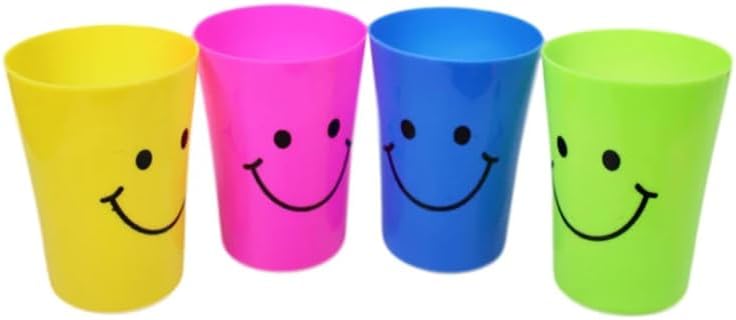 Smiley Face Glass Plastic Cups Reusable With Handles Drinking Mugs Camping Travel Kids Children Stacking Smile Colour Cup Set Handled Stackable Multi Color For Water Juice Party Drinks Fun Home (4 Pk)