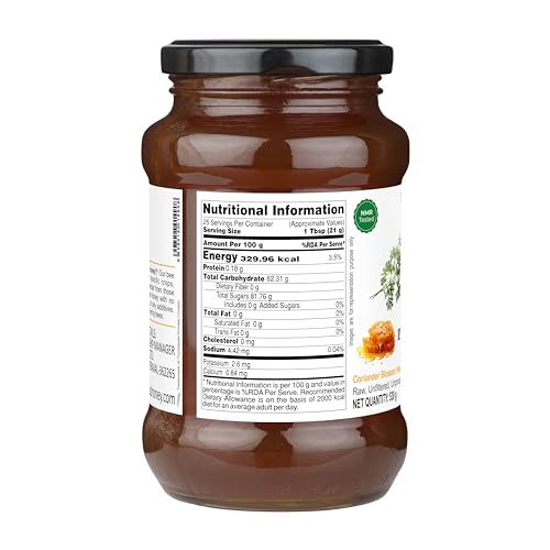 Image of INDIGENOUS HONEY Coriander Honey Raw Organic Natural Pure Unprocessed NMR Tested Unpasteurized Unheated 530g Glass Jar Pack of 1