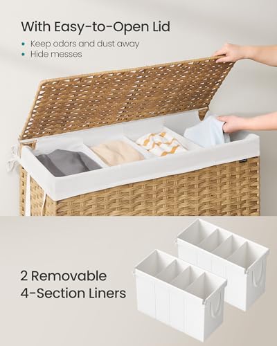 SONGMICS Wäschekorb mit Deckel, 200L Wäschekorb mit 2 herausnehmbaren Auskleidungstaschen, 6 Netztaschen, Weiden-Wäschekorb… – Ansicht 3