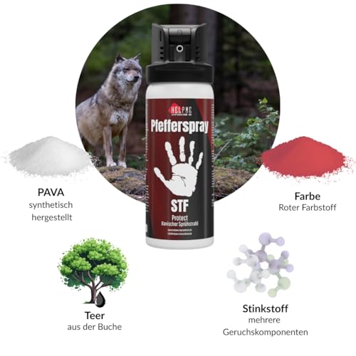 HelpMe Deutschland Pfefferspray mit 9.000.000 Scoville – Starkes KO PAVA Spray mit extra starkem Stinkstoff, Buchenholzteer & rotem Farbstoff – Legal in Deutschland, zur Tierabwehr