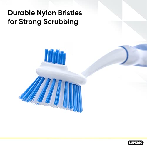 Image of Dish Washing Scrubber Vegetable Brush - Blue / White 2 Sided Bristles - Long Handle With Rubber Grip Non Scratch Kitchen and Bath Cleaning By Superio