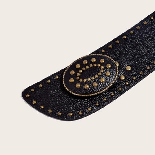 Women's Punk Genuine Leather Belt Studded Wide Cinch Waist Belt Black4