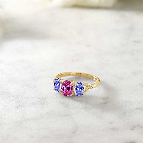 Gem Stone King 10K Yellow Gold Oval Pink Created Sapphire Blue Tanzanite and Diamond Engagement Ring For Women (1.82 Cttw, Available In Size 5, 6, 7, 8, 9)4