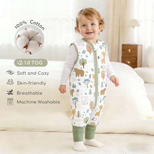 Image of Chilsuessy Toddler Sleep Sack with Feet 3-4 T, 1.0 TOG Cotton Baby Wearable Blanket with Legs, Sleep Bag Walker with 2-Way Zipper, Blue & Green Animals