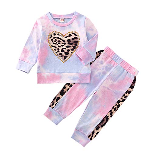 Newborn Baby Boy Girl Cute Clothes Long Sleeve Solid Sweatshirt Casual Tops + Striped Pants Pajamas Fall Winter Outfits (18-24 Months, Tie Dye Leopard - Punk)