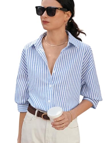 Image of IndoPrimo Women's Classic Fit Striped Print Poly Cotton Shirt with 3 /4 Sleeve Mandarin Neck Standard Length and Button Down Closure Type