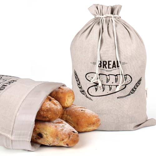 2 Pack Linen Bread Bag for Homemade Bread Container - Plastic Lined, 19.7 x 13.7 Inch Unbleached & Reusable Bread Storage for Bakery Baguette Picnic Wedding Wrapping Camping