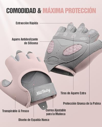 MitButy Guantes Gimnasio para Hombre y Mujer – Guantes sin Dedos para Gym, Crossfit, Pesas, Deporte & Fitness con Puntos Antideslizantes de Silicona para Agarre Seguro & Protección de la Palma - imagen 2