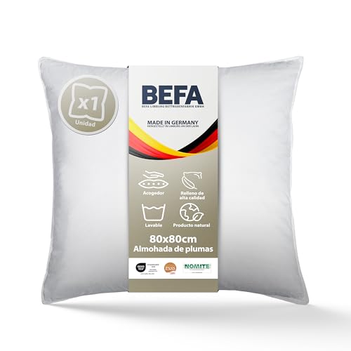 BEFA NATUR Almohada de Plumas 80x80 cm | 100% Plumas | 1500g Peso de Relleno | Apta para alérgicos (NOMITE) | Certificación (DOWNPASS) | Oeko-Tex Clase 1