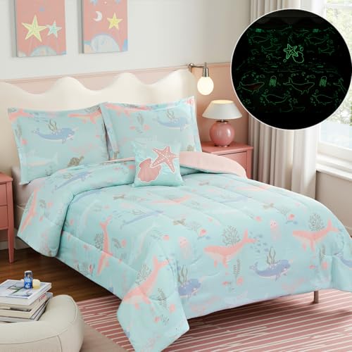 Glow in The Dark Kids Comforter Set Full Size for Girls, Ocean Animals Bedding Set 1 Comforter, 1 Decor Pillow, 2 Pillow Shams