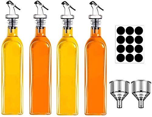Olive Oil Dispenser,MEETOZ of 4 Glass Oil and Vinegar Dispenser Set with 17oz Oil Container Glass Carafe, Funnel, Oil Pourer Spouts and Labels,Suitable for Oil Kitchen