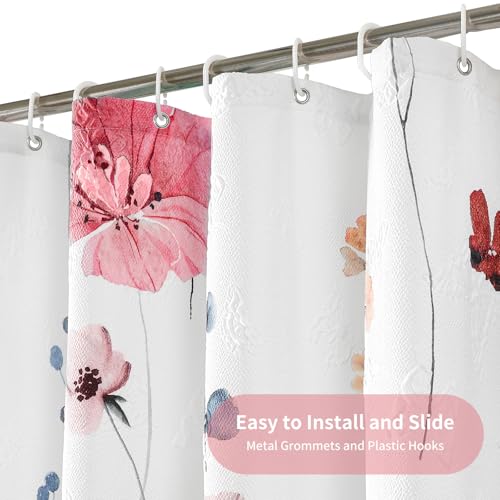 Image of QiyI Watercolor Floral Shower Curtain, 3D Embossed Butterflies Peach Pink Flower Bathroom Curtain, Minimalist White Cloth Bath Curtain, Waterproof Fabric Textured Shower Curtain Set with Hooks, 72x72