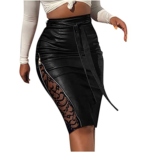 Faux Leather Skirt for Women Elegant Lace Stitching Midi Bodycon Skirt Lace Up Knee Length Pencil Skirt Black