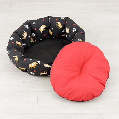 Baroni Home Hundebett aus Stoff, Größe L, weiches rundes Hundematte für Hunde und Katzen, bequem, für Schlafzimmer Wohnzimmer Flur, waschbar (50x65 cm, Rot, Scwharz mit Kronen)
