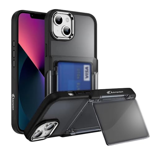 Image of KARWAN Shockproof Translucent Cardholder Back Case Cover Compatible with iPhone 14 Plus Hybrid with Strong Minimalist Design (Black)