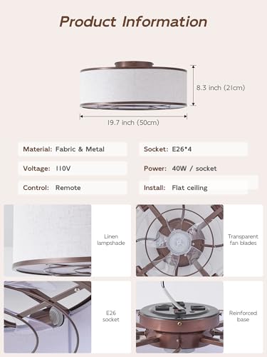Image of 20 inch Brown Ceiling Fans with Lights, Boho Flush Mount Ceiling Fan with Light and Remote, Drum Fabric with 6 Speeds for Bedroom, Nursery, Living Room