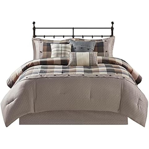Madison Park Ridge Comforter Set-Cabin Lodge Plaid Herringbone Design All Season Down Alternative Cozy Bedding with Matching Bedskirt, Shams, Decorative Pillow, King(104"x92"), Neutral 7 Piece Cover