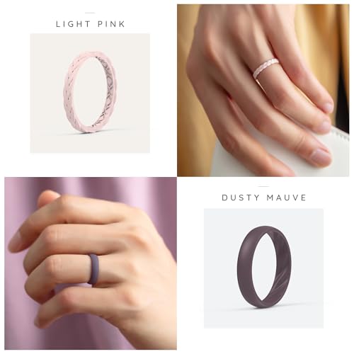 ThunderFit Silicone Rings for Her - Mix Women's Silicone Wedding Rings, 1.8mm Thick Rubber Engagement Rings Braided & 4mm Classic Rings Combo4