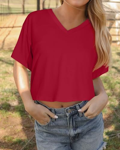 Image of Womens Crop Tops Short Sleeve V Neck Summer Cropped T Shirts Baisc Tees
