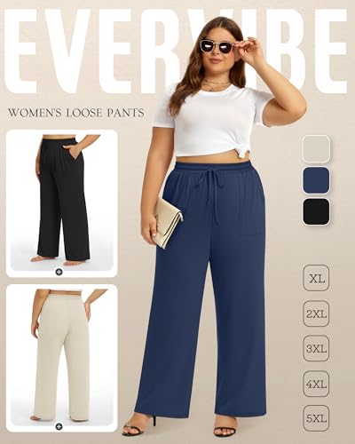 3 Pack Plus Size Pants for Women Wide Leg Casual Pant Drawstring Stretchy Waist Trousers with Pockets2