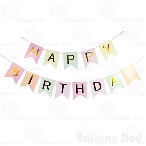Happy Birthday Garland Bunting Banner for Party Wall Stylish Decorations, Pastel Color Bunting with Golden Letters