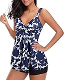 Adigaber Damen zweiteilig Badeanzug Push up Bademoden bauchweg Tankini Set mit Hot Pants Drucken Badeanzug Bikini Sportlich,Blaues und Weißes Porzellan,M