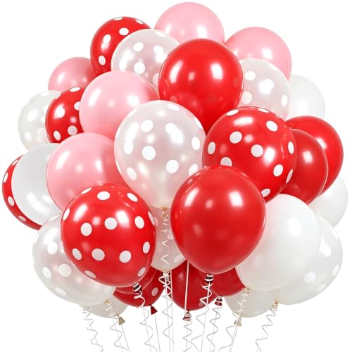 Image of TONIFUL 100 Pack Red Pink White Polka Dot Latex Balloons - Strawberry Theme Mixed Colors Balloon for Birthday Baby Shower Bridal Wedding Bachelorette Party Decorations